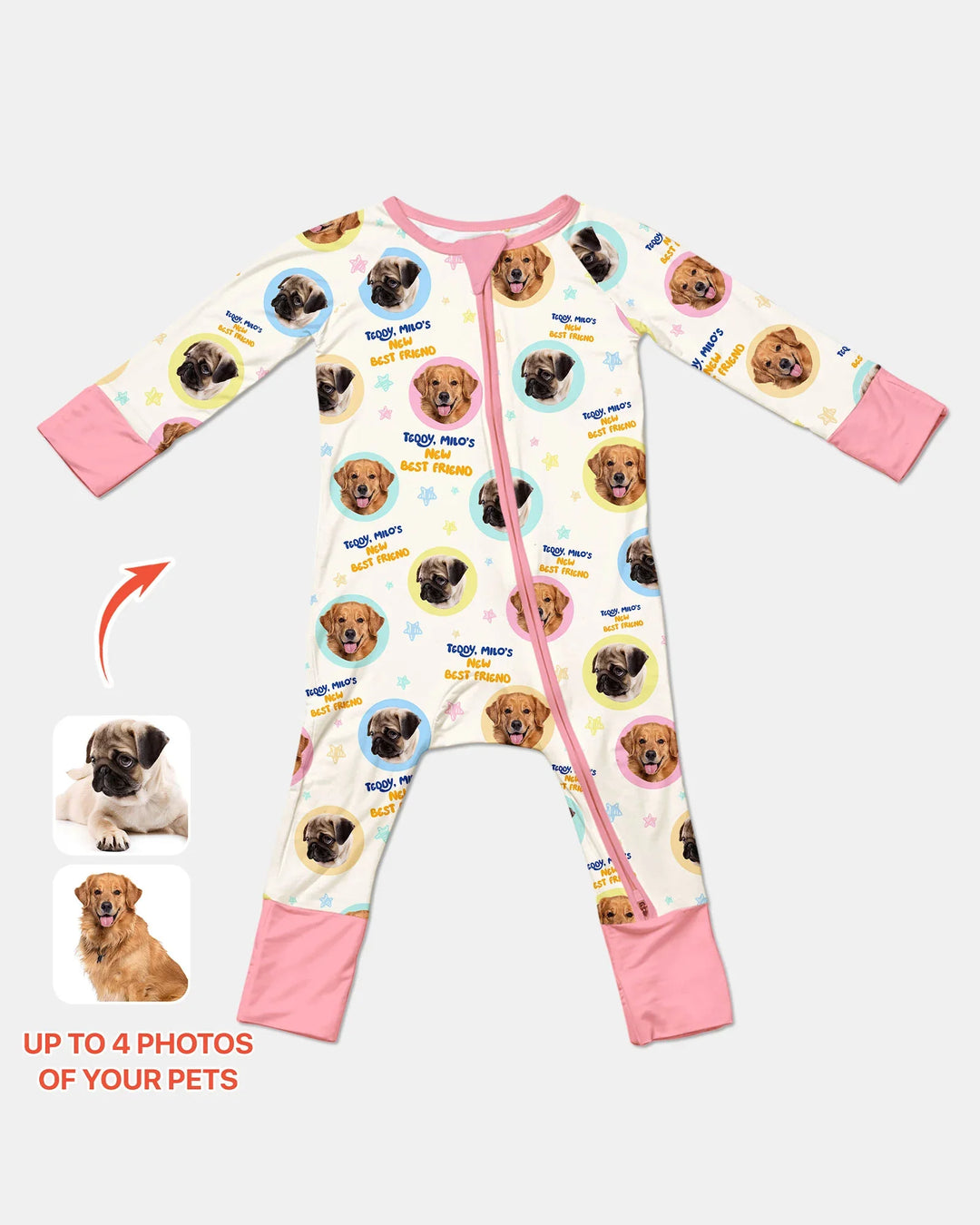 Pijama convertible de bambú con cremallera y fotos personalizadas de tu mascota "Mi nuevo mejor amigo"