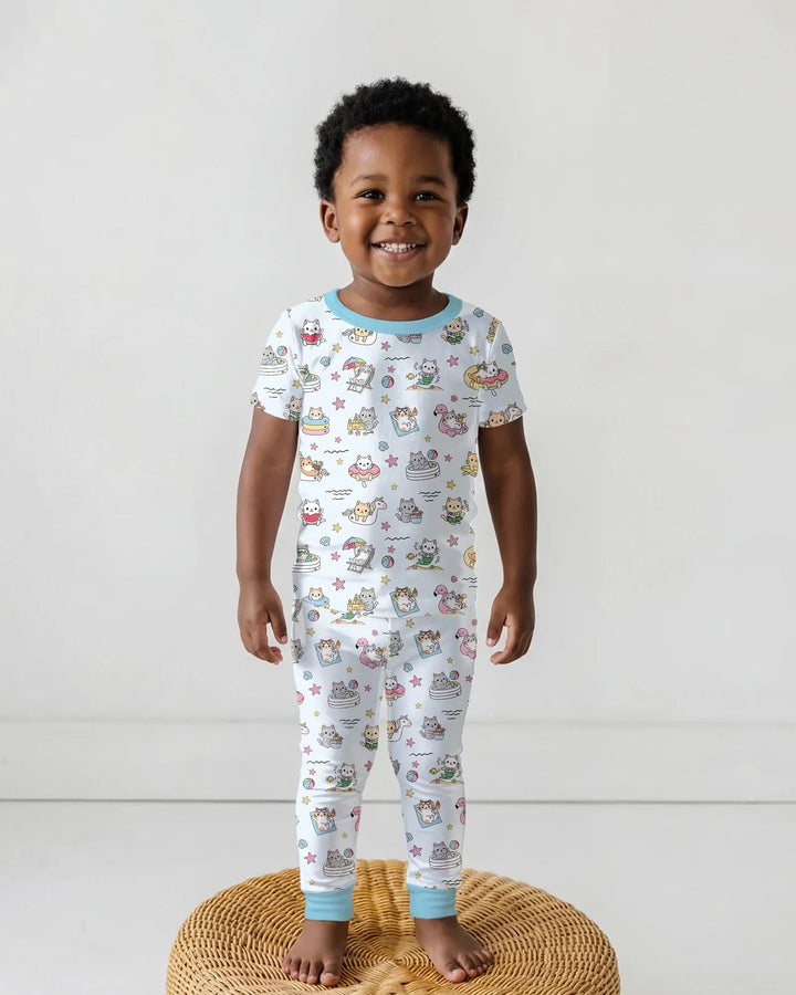 Kawaii Cats Summer Vacation Bamboo Two Piece Short Sleeve Pajama Set