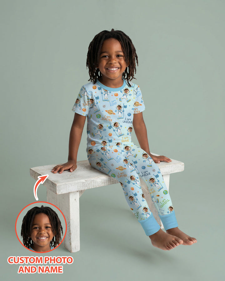 Custom Photo Kid Affirmations I Am Kind Astronaut Bamboo Two Piece Short Sleeve Shorts Pajama Set