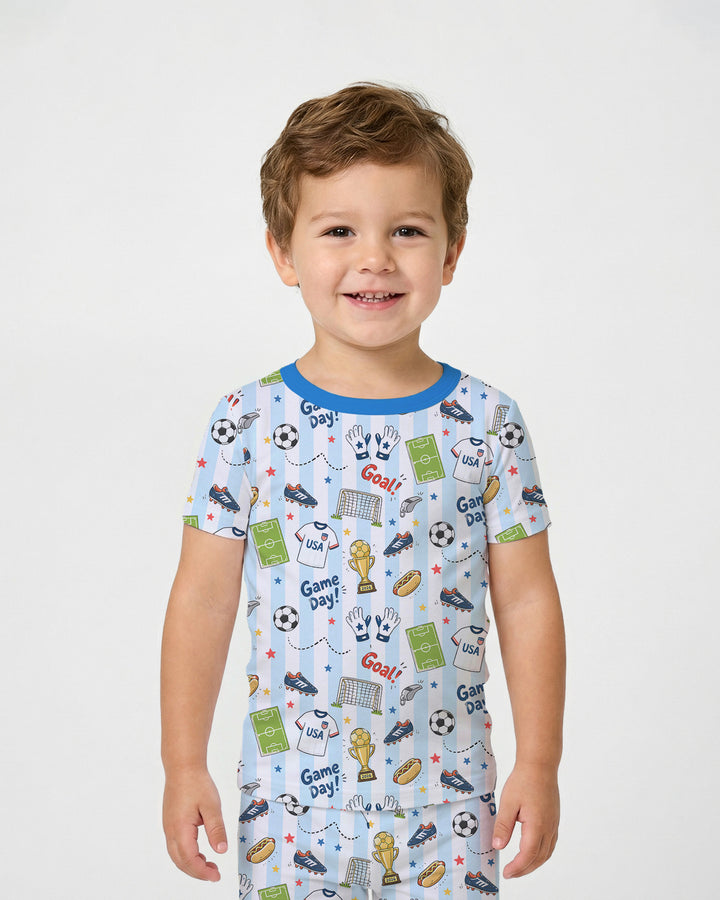 Striped Soccer Game Day Family Matching Bamboo Two Piece Short Sleeve Pajama Set