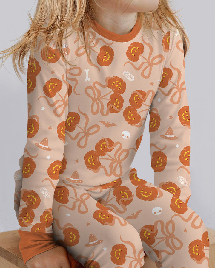Jack-o'-lantern Coquette Bow Matching Bamboo Two Piece Long Sleeve Pajama Set