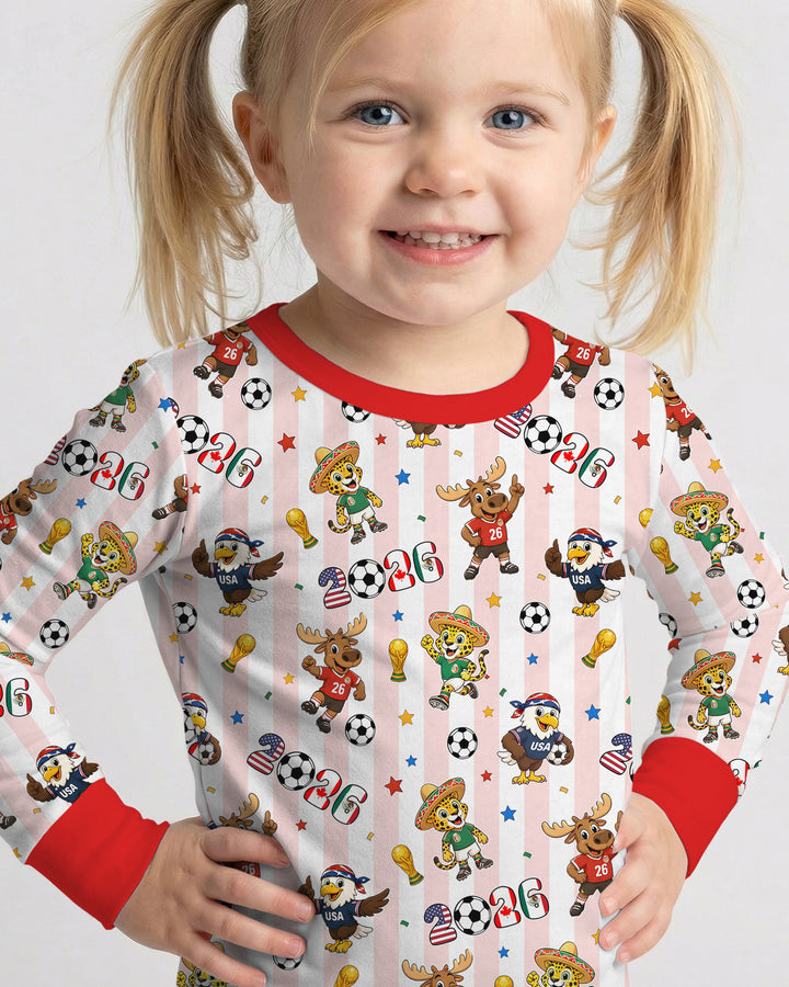 Striped Cute Mascots Soccer Cup 2026 Bamboo Two Piece Long Sleeve Pajama Set