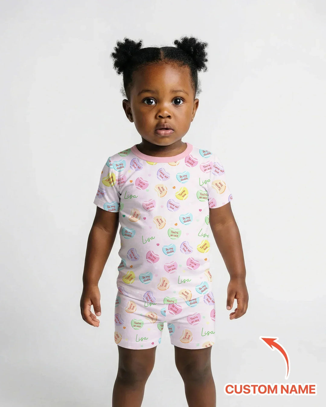 Custom Name Tennis Candy Hearts Bamboo Two Piece Short Sleeve Shorts Pajama Set