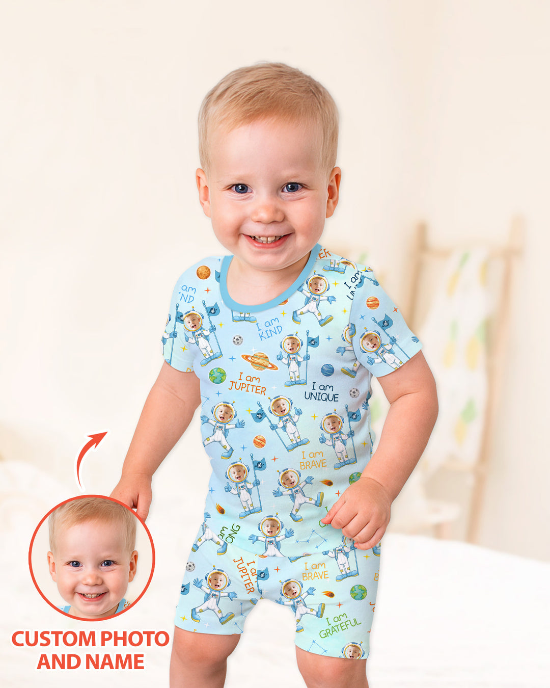 Custom Photo Kid Affirmations I Am Kind Astronaut Bamboo Two Piece Short Sleeve Pajama Set
