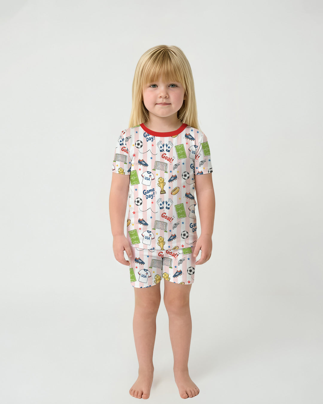 Striped Soccer Game Day Family Matching Bamboo Two Piece Short Sleeve Shorts Pajama Set