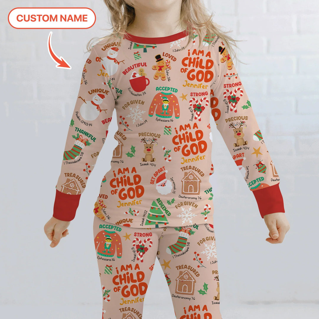 Merry Christmas I Am A Child Of God Custom Name Two Piece Long Sleeve Pajama Set