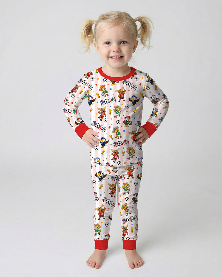 Striped Cute Mascots Soccer Cup 2026 Bamboo Two Piece Long Sleeve Pajama Set