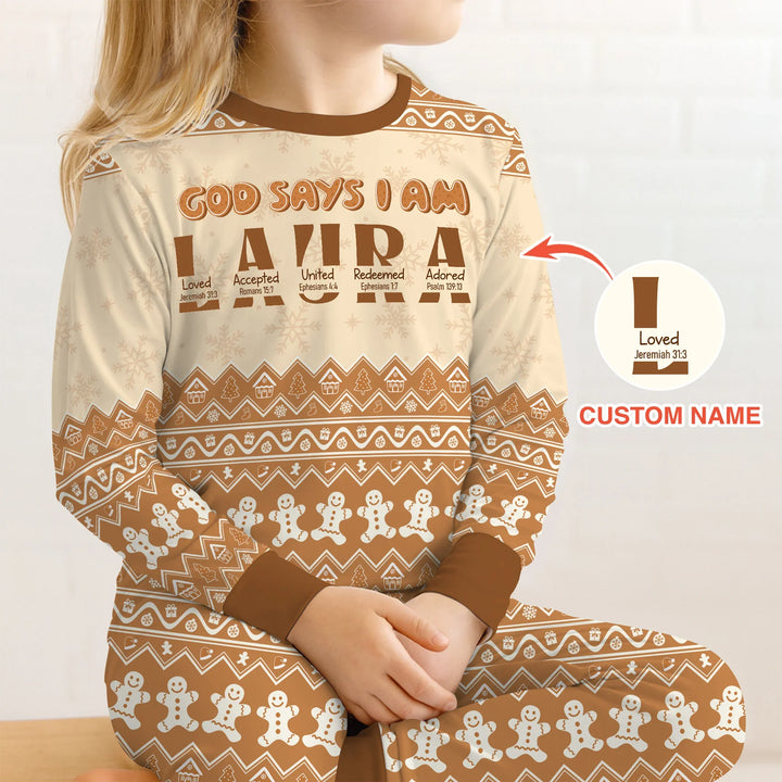 Personalized Ginger Bread God Says I Am Two Piece Long Sleeve Pajama Set , Personalized Ginger Bread God Says I Am Two Piece Long Sleeve Pajama Set - 12-18M / Chocolate Brown