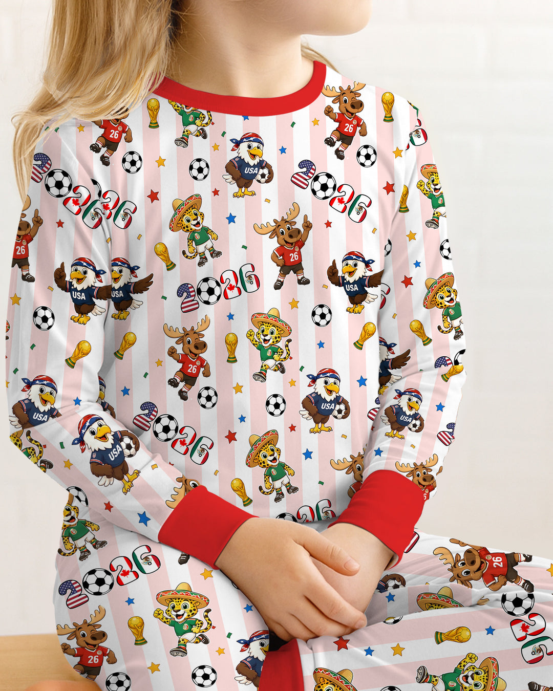 Striped Cute Mascots Soccer Cup 2026 Bamboo Two Piece Long Sleeve Pajama Set