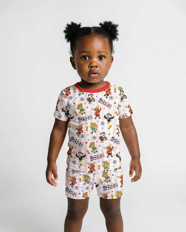Striped Cute Mascots Soccer Cup 2026 Bamboo Two Piece Short Sleeve Shorts Pajama Set