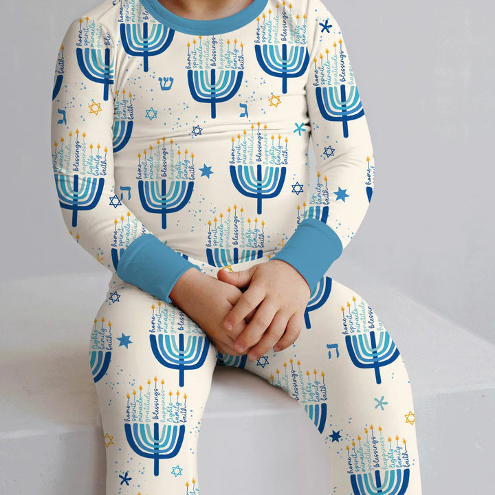 Hannukkah Menorah Family Matching Two Piece Long Sleeve Pajama Set , Hannukkah Menorah Family Matching Two Piece Long Sleeve Pajama Set - 12-18M / Girl