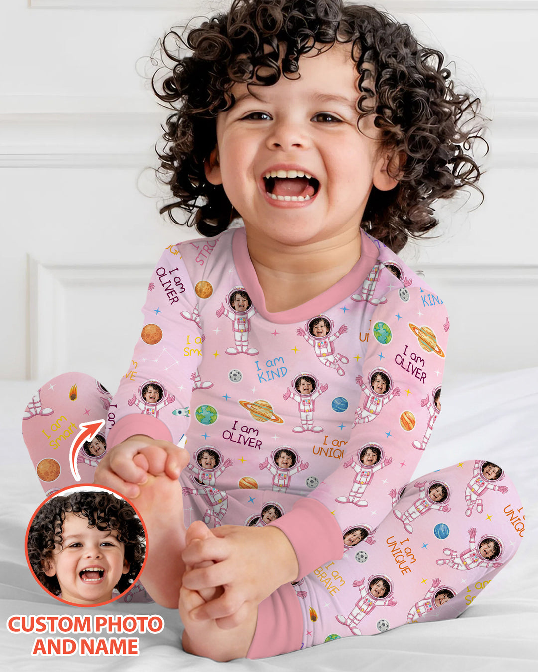 Custom Photo Kid Affirmations I Am Kind Astronaut Bamboo Two Piece Long Sleeve Pajama Set