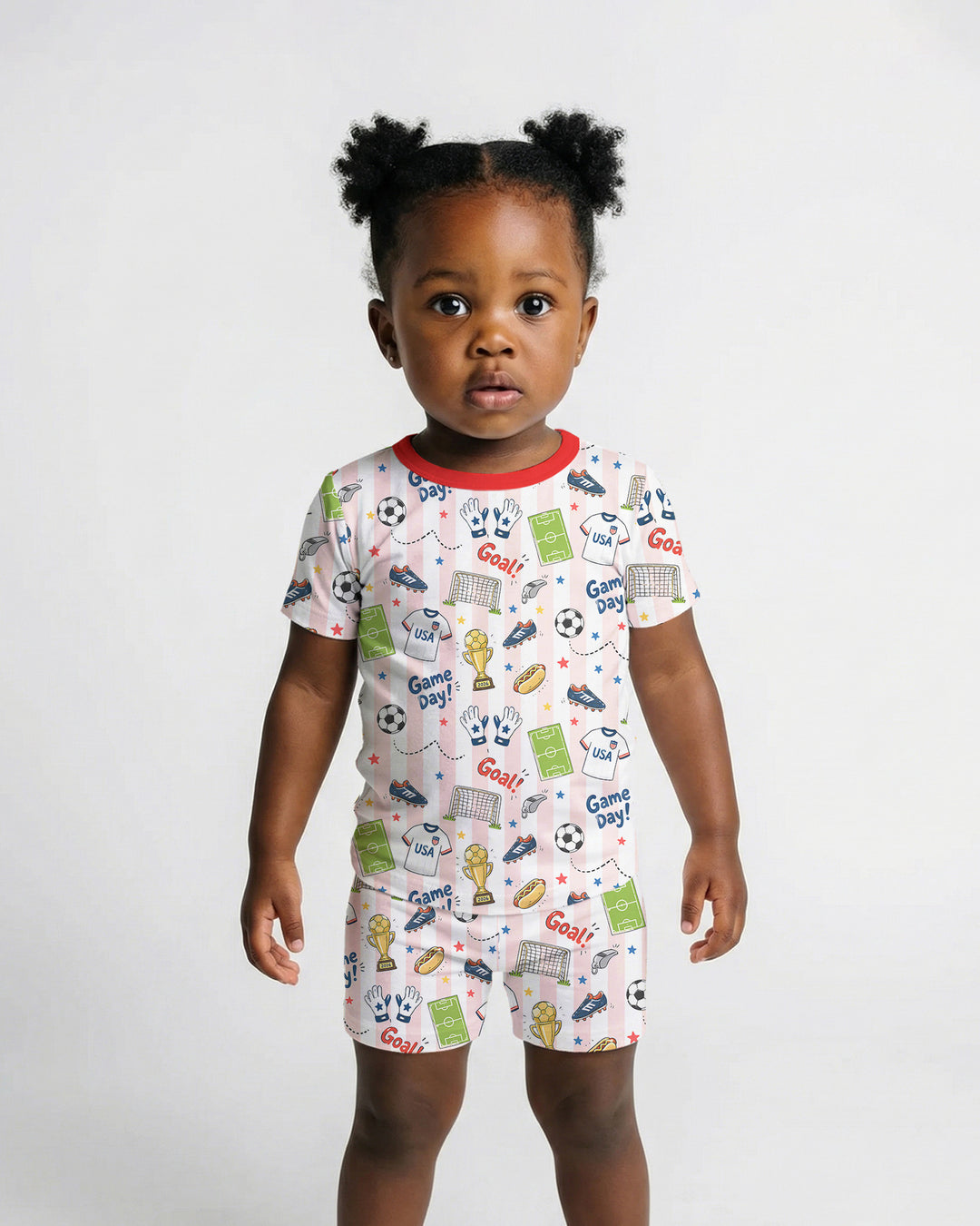 Striped Soccer Game Day Family Matching Bamboo Two Piece Short Sleeve Shorts Pajama Set