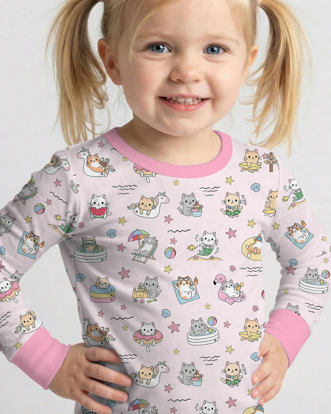 Kawaii Cats Summer Vacation Bamboo Two Piece Long Sleeve Pajama Set