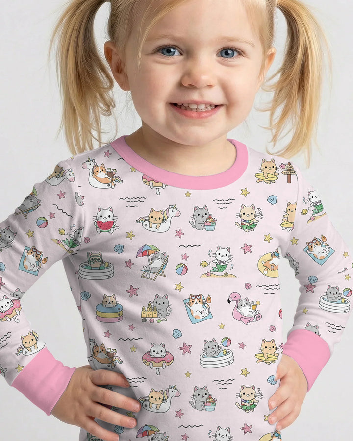 Kawaii Cats Summer Vacation Bamboo Two Piece Long Sleeve Pajama Set