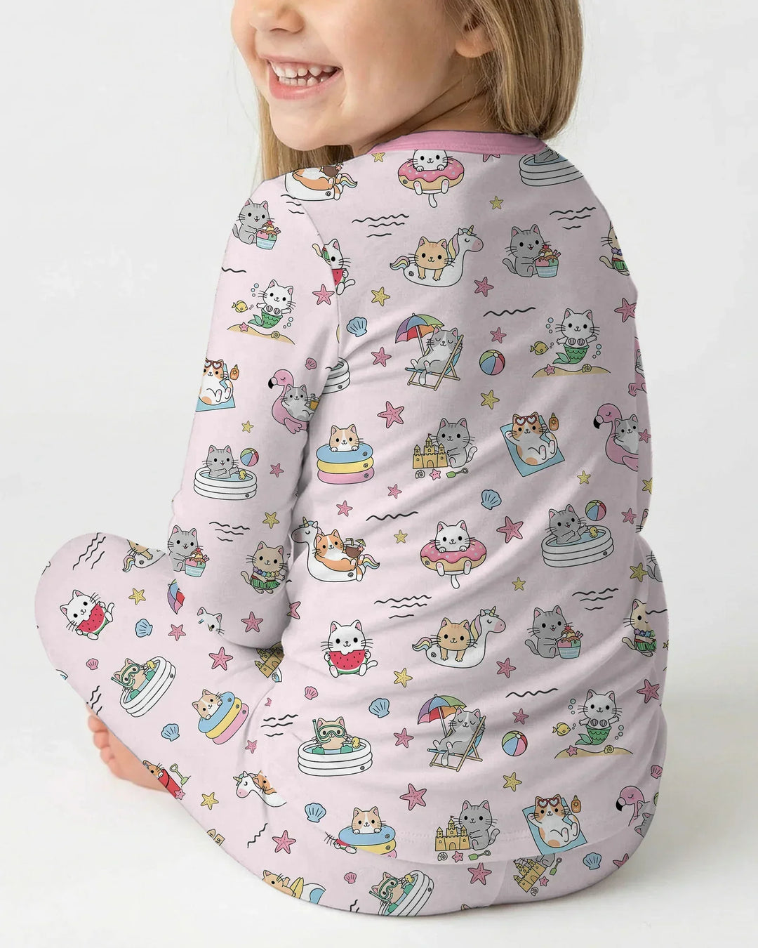 Kawaii Cats Summer Vacation Bamboo Two Piece Long Sleeve Pajama Set