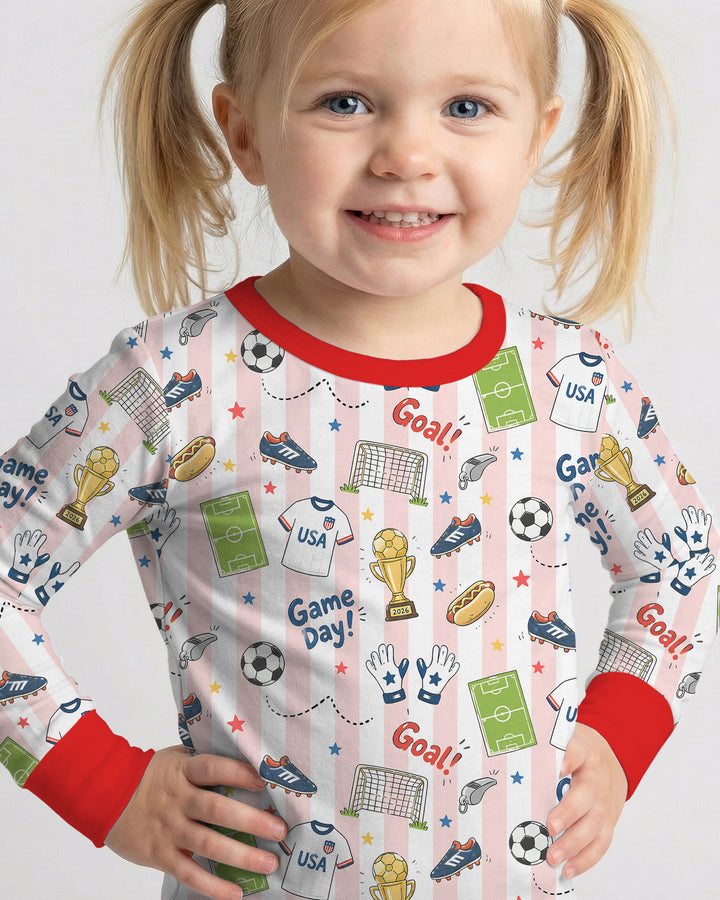 Striped Soccer Game Day Family Matching Bamboo Two Piece Long Sleeve Pajama Set