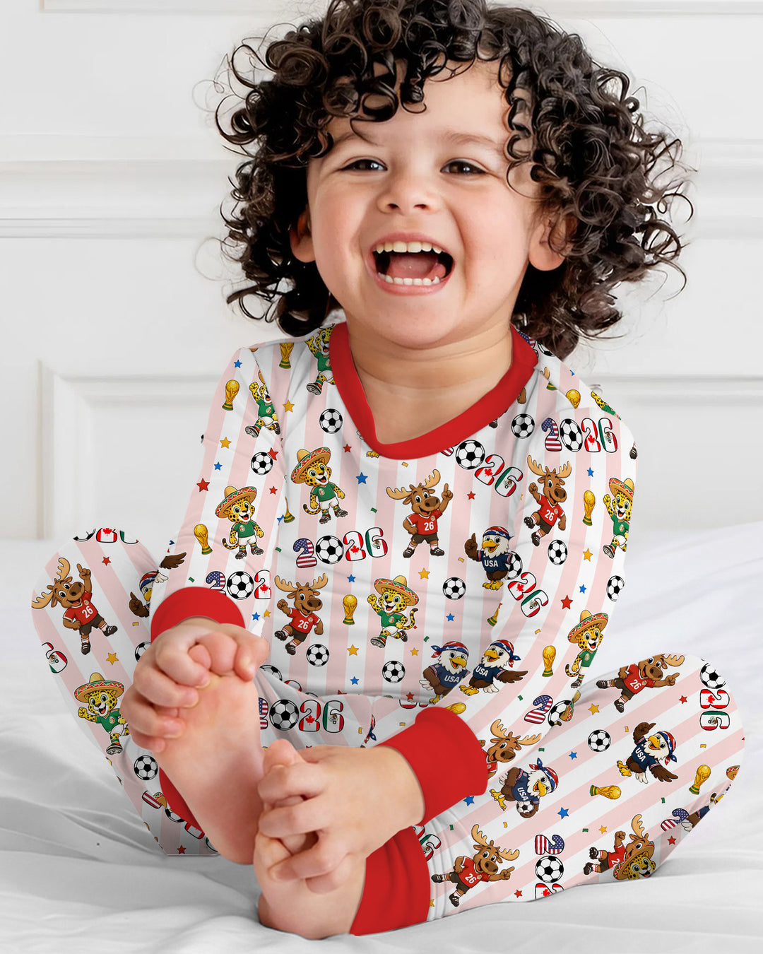 Striped Cute Mascots Soccer Cup 2026 Bamboo Two Piece Long Sleeve Pajama Set