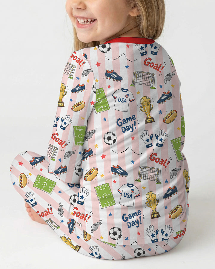 Striped Soccer Game Day Family Matching Bamboo Two Piece Long Sleeve Pajama Set