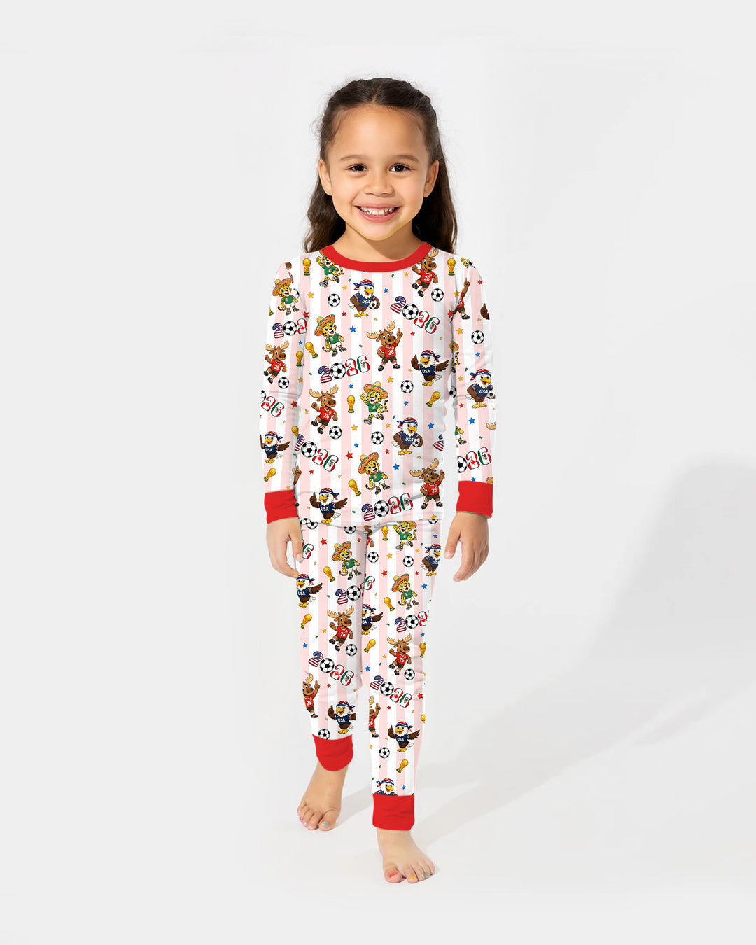 Striped Cute Mascots Soccer Cup 2026 Bamboo Two Piece Long Sleeve Pajama Set