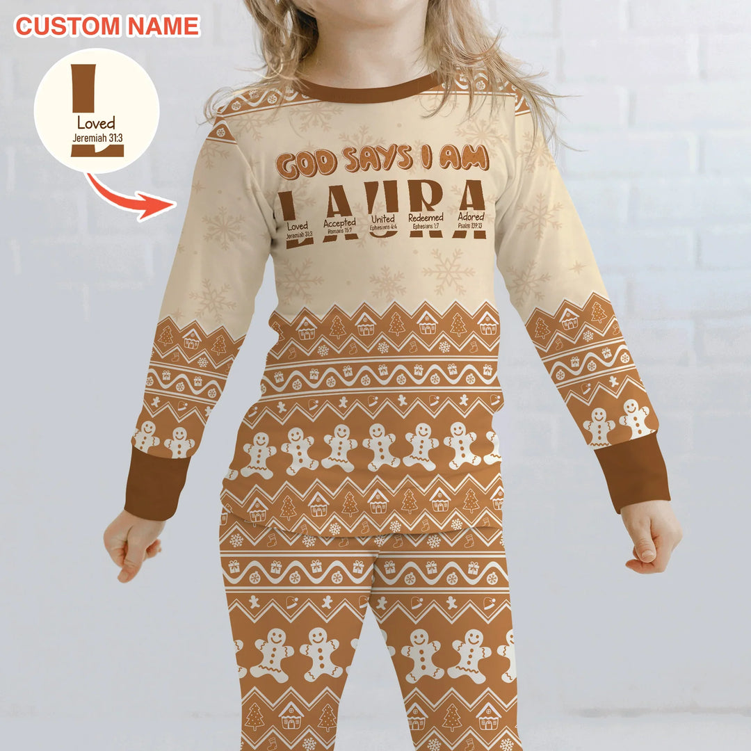 Personalized Ginger Bread God Says I Am Two Piece Long Sleeve Pajama Set , Personalized Ginger Bread God Says I Am Two Piece Long Sleeve Pajama Set - 12-18M / Chocolate Brown