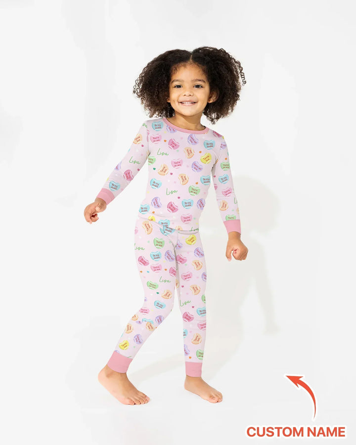 Custom Name Tennis Candy Hearts Bamboo Two Piece Long Sleeve Pajama Set