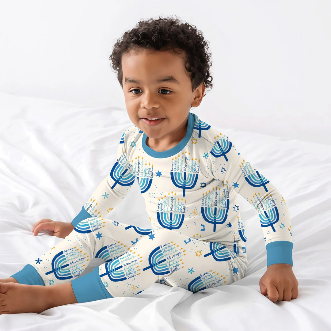 Hannukkah Menorah Family Matching Two Piece Long Sleeve Pajama Set , Hannukkah Menorah Family Matching Two Piece Long Sleeve Pajama Set - 12-18M / Girl