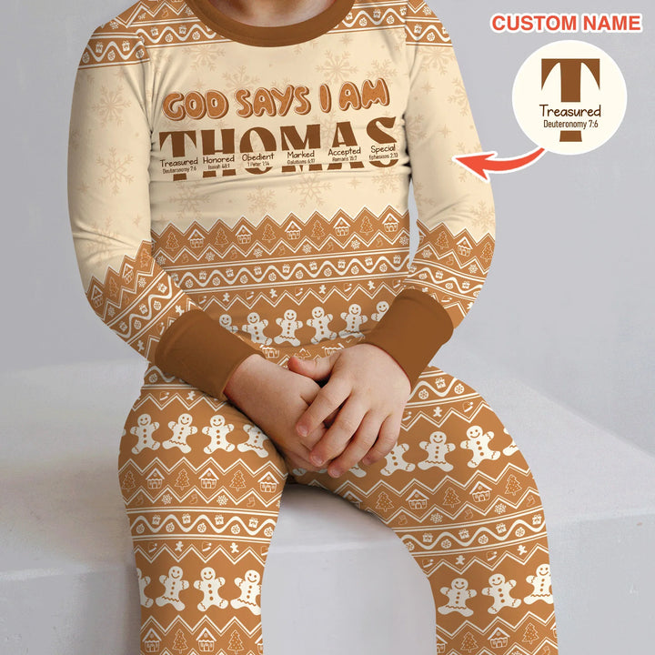 Personalized Ginger Bread God Says I Am Two Piece Long Sleeve Pajama Set , Personalized Ginger Bread God Says I Am Two Piece Long Sleeve Pajama Set - 12-18M / Chocolate Brown