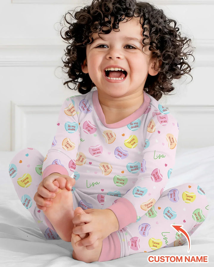 Custom Name Tennis Candy Hearts Bamboo Two Piece Long Sleeve Pajama Set
