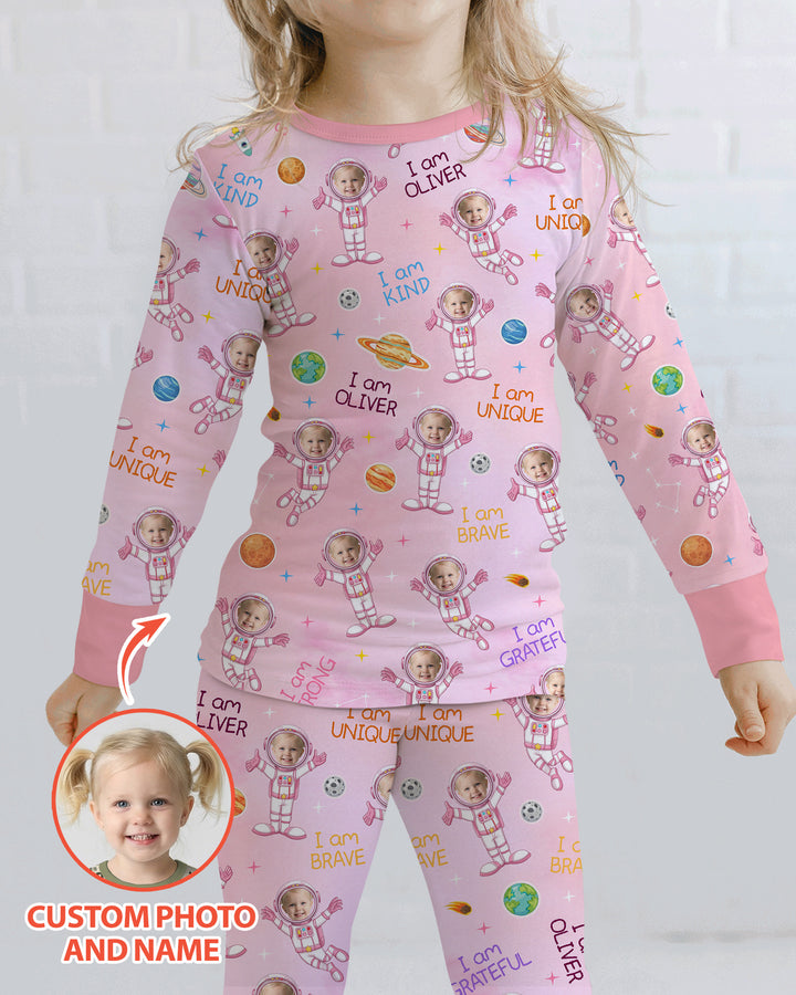 Custom Photo Kid Affirmations I Am Kind Astronaut Bamboo Two Piece Long Sleeve Pajama Set