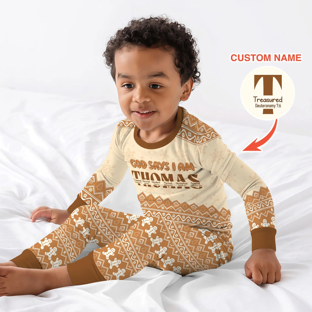 Personalized Ginger Bread God Says I Am Two Piece Long Sleeve Pajama Set , Personalized Ginger Bread God Says I Am Two Piece Long Sleeve Pajama Set - 12-18M / Chocolate Brown