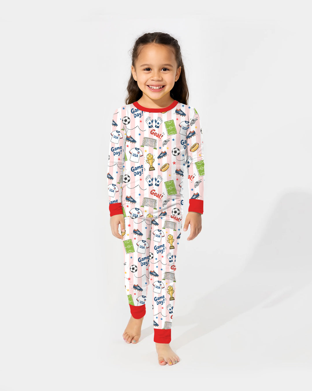 Striped Soccer Game Day Family Matching Bamboo Two Piece Long Sleeve Pajama Set