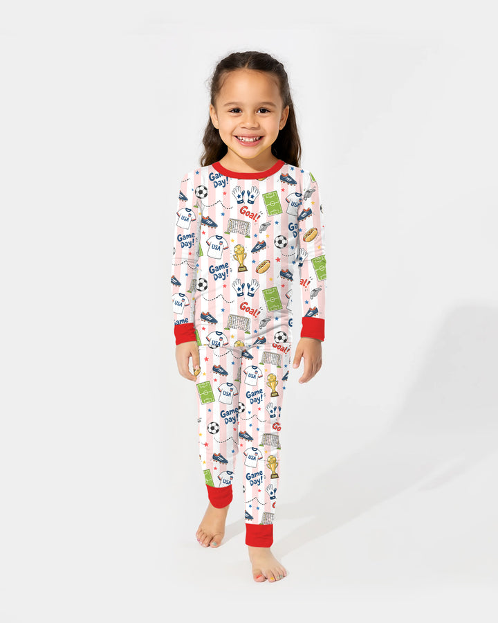Striped Soccer Game Day Family Matching Bamboo Two Piece Long Sleeve Pajama Set
