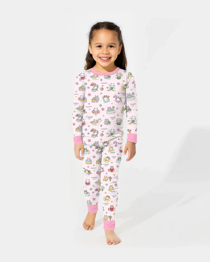 Kawaii Cats Summer Vacation Bamboo Two Piece Long Sleeve Pajama Set