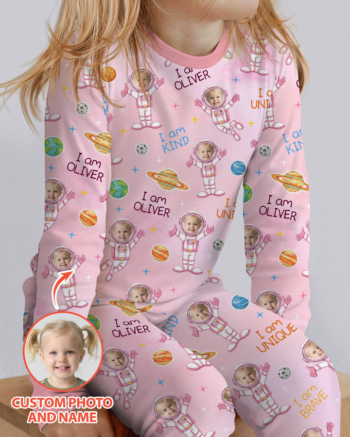 Custom Photo Kid Affirmations I Am Kind Astronaut Bamboo Two Piece Long Sleeve Pajama Set