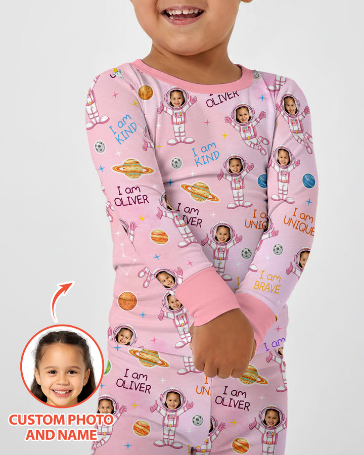 Custom Photo Kid Affirmations I Am Kind Astronaut Bamboo Two Piece Long Sleeve Pajama Set