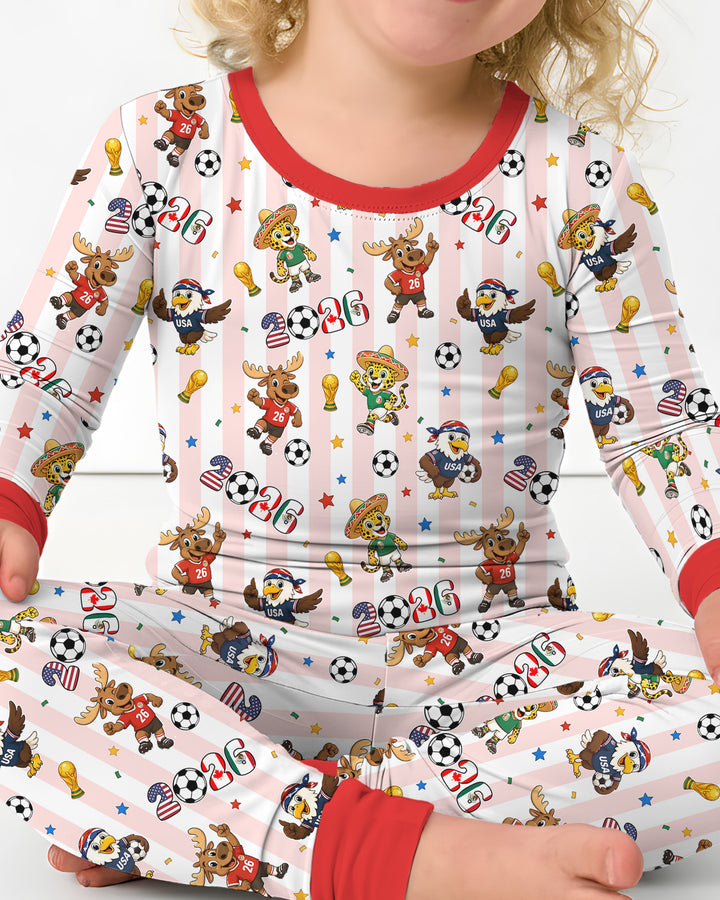 Striped Cute Mascots Soccer Cup 2026 Bamboo Two Piece Long Sleeve Pajama Set