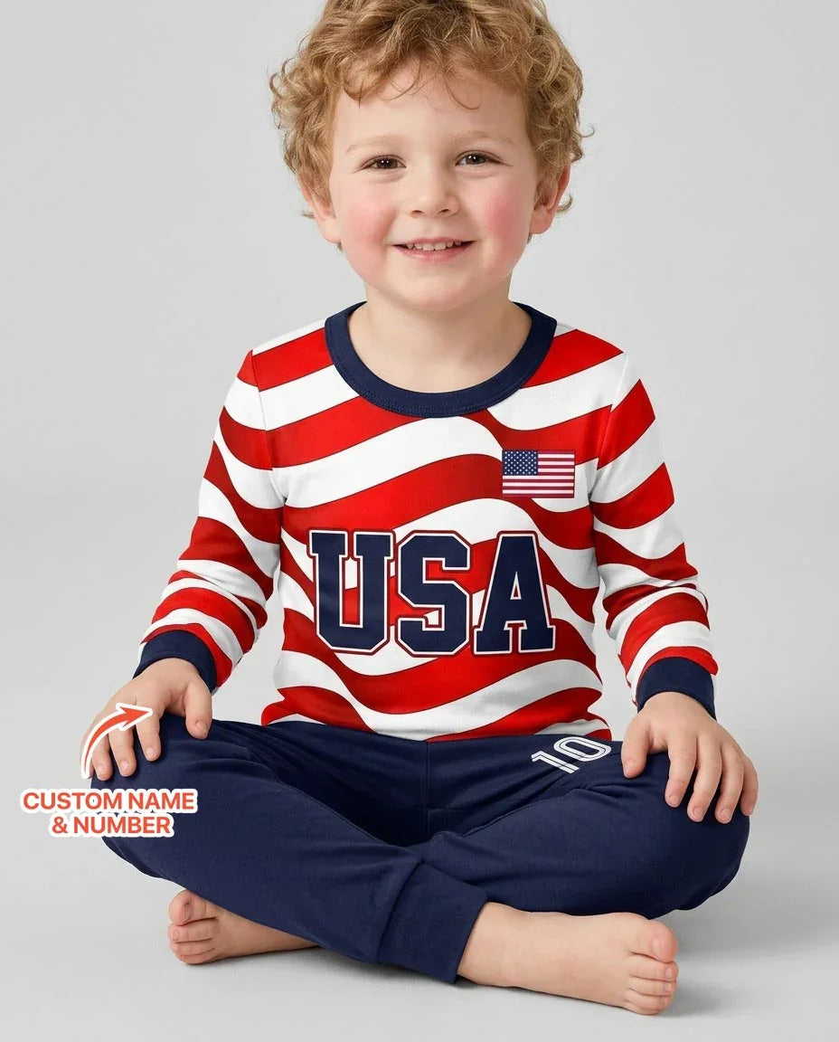 Custom Name USA Spirit Bamboo Two Piece Long Sleeve Pajama Set