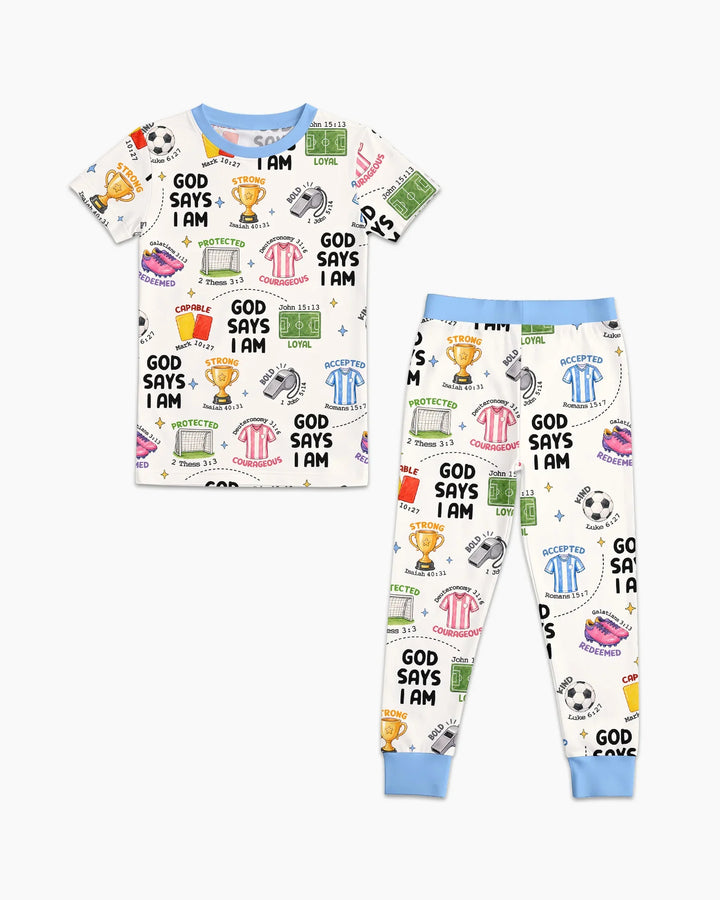 God Says I Am Soccer Bamboo Two Piece Short Sleeve Pajama Set