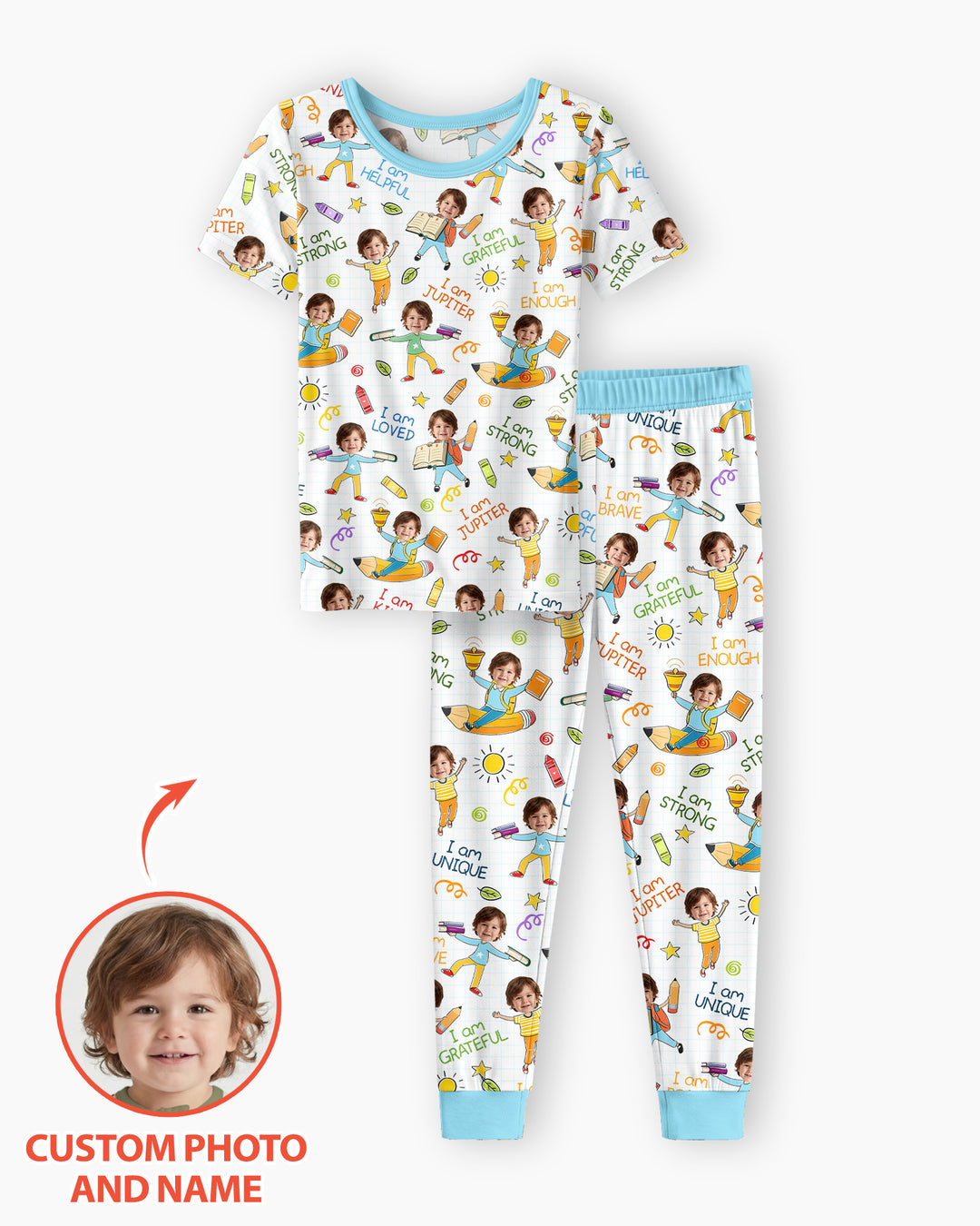 Custom Photo Kid Affirmations I Am Kind Bamboo Two Piece Short Sleeve Pajama Set