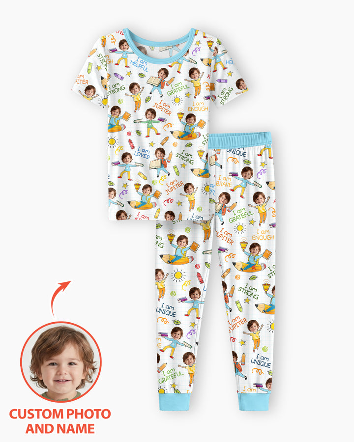 Custom Photo Kid Affirmations I Am Kind Bamboo Two Piece Short Sleeve Pajama Set