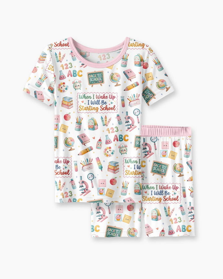When I Wake Up I Will Be Starting School Bamboo Two Piece Short Sleeve Shorts Pajama Set