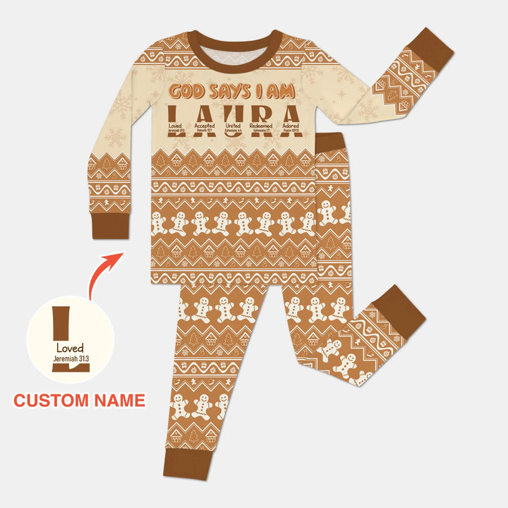 Personalized Ginger Bread God Says I Am Two Piece Long Sleeve Pajama Set , Personalized Ginger Bread God Says I Am Two Piece Long Sleeve Pajama Set - 12-18M / Chocolate Brown