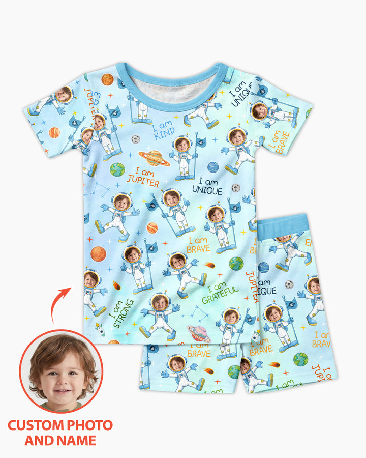 Custom Photo Kid Affirmations I Am Kind Astronaut Bamboo Two Piece Short Sleeve Pajama Set
