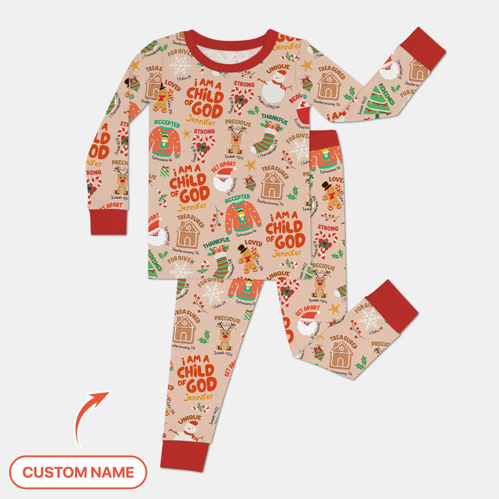 Merry Christmas I Am A Child Of God Custom Name Two Piece Long Sleeve Pajama Set