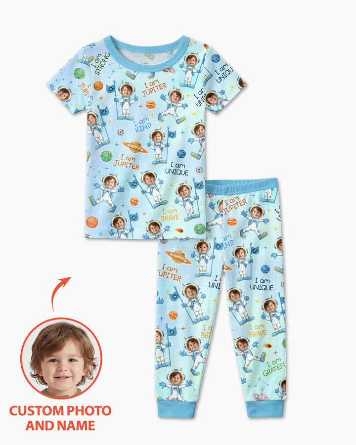 Custom Photo Kid Affirmations I Am Kind Astronaut Bamboo Two Piece Short Sleeve Shorts Pajama Set