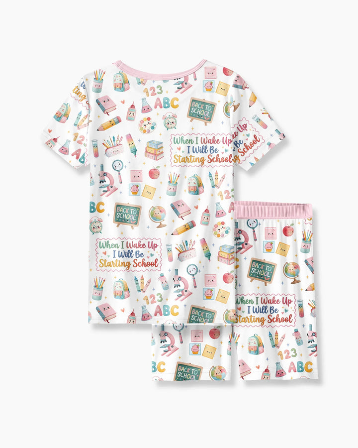 When I Wake Up I Will Be Starting School Bamboo Two Piece Short Sleeve Shorts Pajama Set