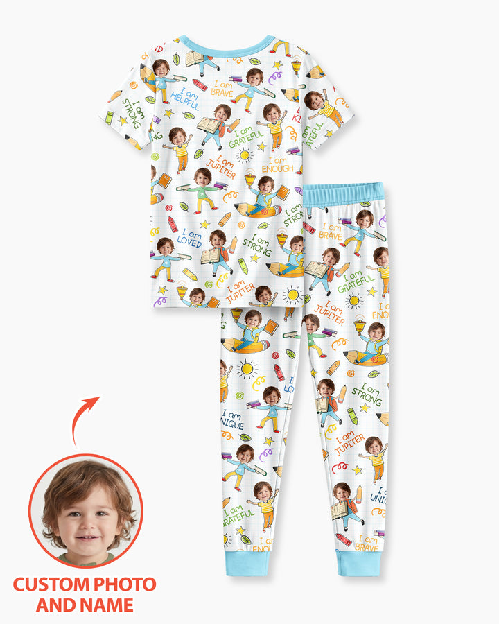Custom Photo Kid Affirmations I Am Kind Bamboo Two Piece Short Sleeve Pajama Set