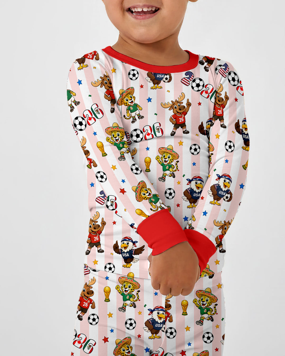 Striped Cute Mascots Soccer Cup 2026 Bamboo Two Piece Long Sleeve Pajama Set