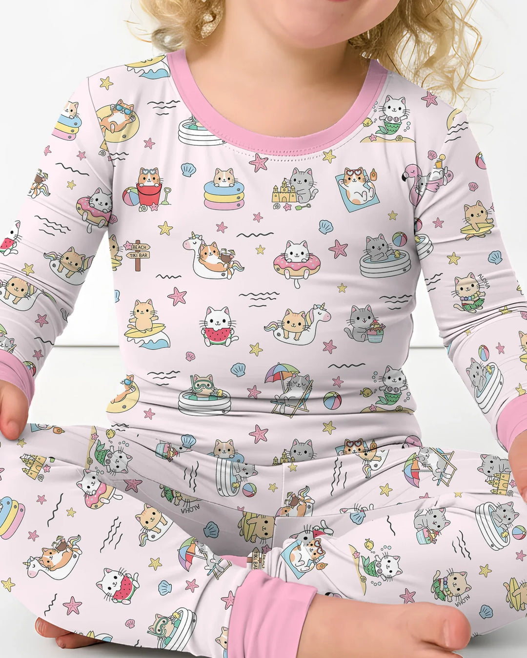 Kawaii Cats Summer Vacation Bamboo Two Piece Long Sleeve Pajama Set